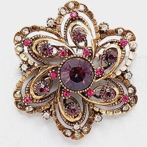 Vintage ART Arthur Pepper Rhinestone Brooch Purple Pink Clear Floral Design
